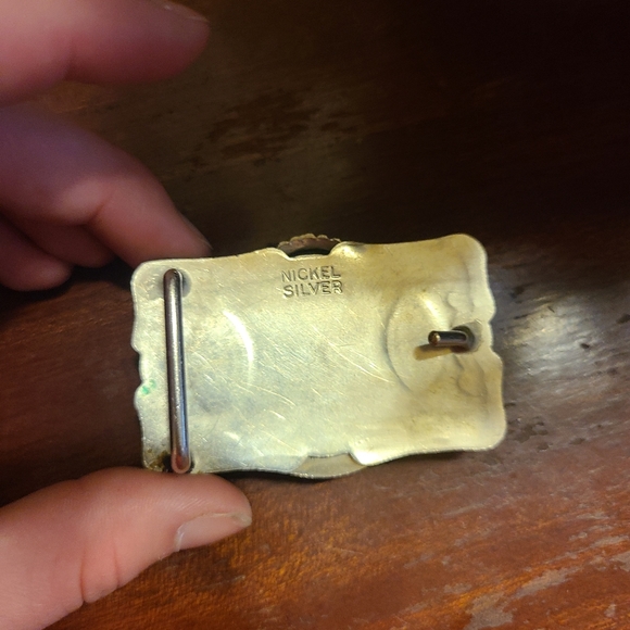 VTG Vintage Moss Agate Stone Belt Buckle Nickel Silver Horseshoe Stamped - Picture 4 of 4